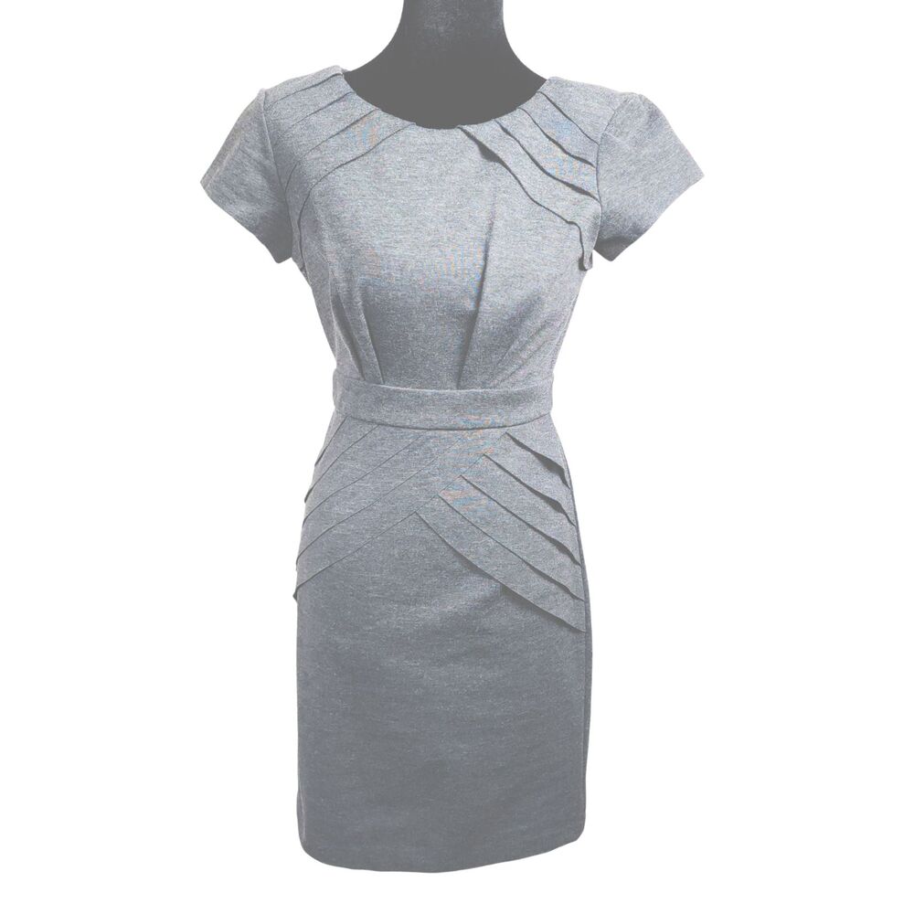 Max & Cleo Dress Gray Pleated Sheath Size 2 Cap Sleeve Career Workwear
